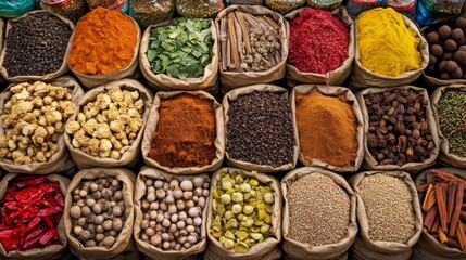 Colorful Spices Displayed in Market Baskets