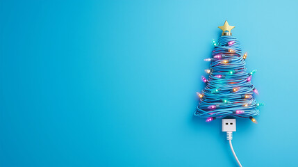 Creative digital Christmas tree arrangement made of USB cable in the shape of a Christmas tree. Modern festive concept.Christmas tree made of colorful electrical wires and decorations