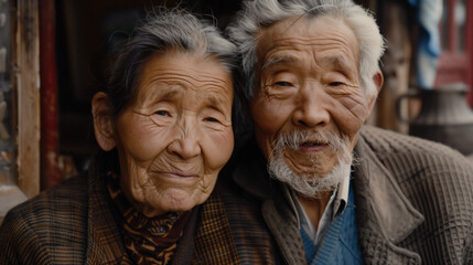 Close-up portrait of elderly Asian couple with weathered faces. Deep wrinkles tell stories of life's journey. Genuine smiles convey contentment and shared experiences. Symbol of enduring love