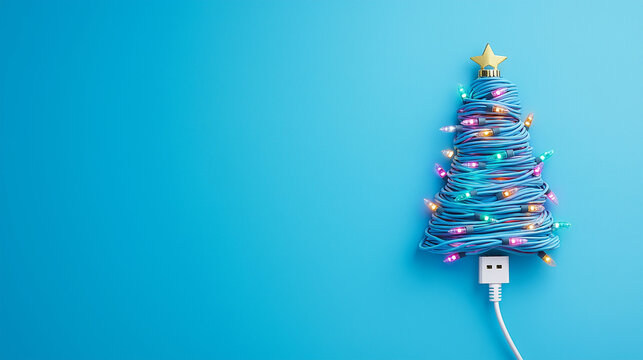 Creative digital Christmas tree arrangement made of USB cable in the shape of a Christmas tree. Modern festive concept.Christmas tree made of colorful electrical wires and decorations