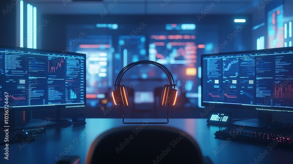 Poster a sleek headset placed on a desk, surrounded by glowing computer