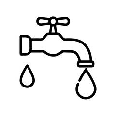 Water faucet line art illustration with dripping droplets on white background