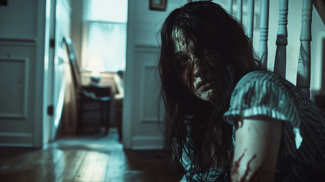 Terrified woman crawling on floor in dark hallway. Disheveled hair, fearful expression. Horror movie scene. Eerie atmosphere with shadows and dim lighting. Paranormal activity concept