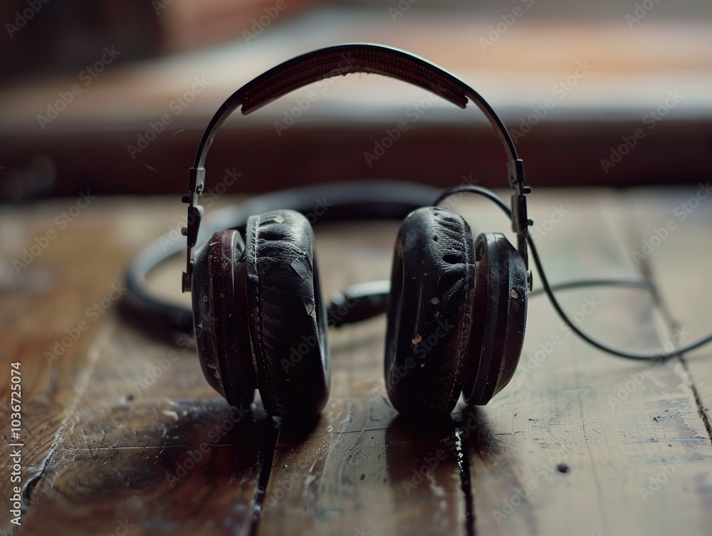 Wall mural vintage headphones on wooden table - music lover's dream