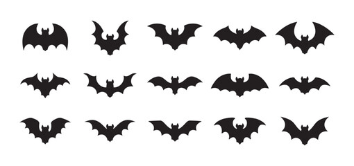 Halloween black bat isolated silhouettes holiday horror, vector cartoon icons. Flying vampire bat silhouettes for Halloween and trick or treat party scary and spooky decoration