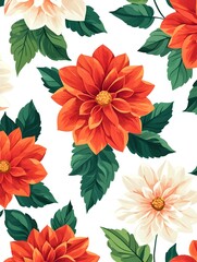 Vibrant Geometric Floral Pattern of Bright Dahlia Blooms with Green Leaves on Pure White Background