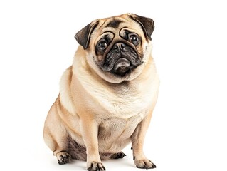 Obraz premium Adorable Pug Dog with Big Pleading Eyes and Charming Skin Folds Sitting on White Background