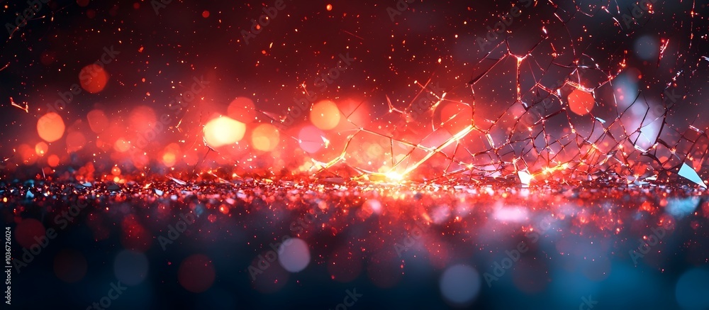 Poster a vibrant abstract background featuring glowing red and orange bokeh lights with a shattered glass e