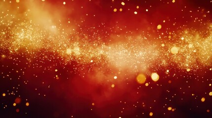 Fototapeta premium Golden fireworks display on deep red background. Festive and elegant holiday banner