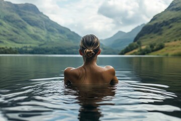 Fototapeta premium Woman swimming in a lake, Generative AI