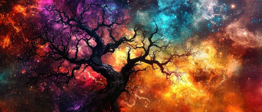 Cosmic tree silhouette against a vibrant, colorful galaxy background.