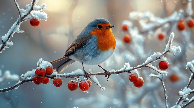 A robin perches on a snow-covered branch, surrounded by red berries.