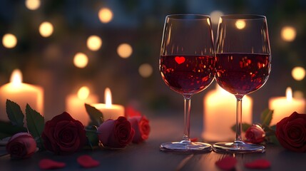 Valentine's Day wine glasses clinking under candlelight: 3D-rendered wine glasses filled with red wine clinking in a romantic candlelit setting with roses in the background