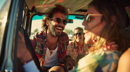 Obraz premium Group of diverse friends enjoying a road trip in a van, embracing peace, wellness, and outdoor freedom while sharing laughs and bonding during their travel adventure