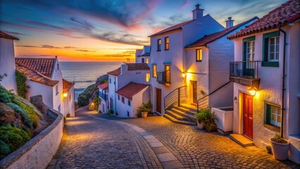 Fototapeta premium Silhouette of Azenhas do Mar: Charming Narrow Street with White Two-Storey Houses in Portugal's Coastal Town