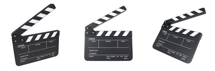 Obraz premium Black Film Clapper, Filmmaker's Clapboard, Hollywood Film Clapperboard 3D Illustration Isolated