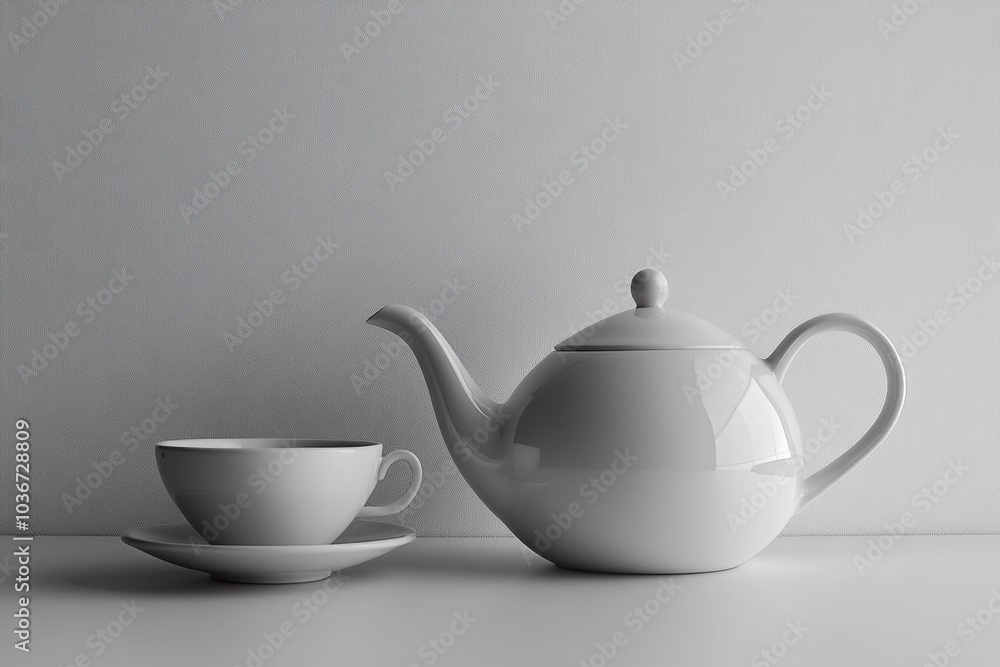 Poster The classic white tea kettle and cup rest on a smooth surface, creating a serene atmosphere perfect for enjoying a warm beverage. Generative AI