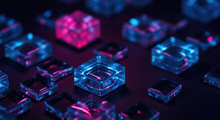 Abstract background with glass square cubes illuminated with blue and purple light.