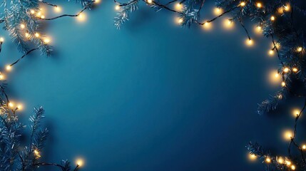 Christmas backdrop featuring a frame border of pine branches and glowing lights on a dark blue background
