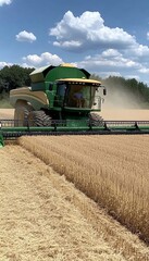 Fototapeta premium Combine Harvester Working in a Golden Wheat Field. Agricultural Harvesting Operation in Progress