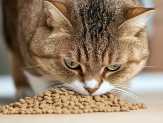 Cat Sniffing Pet Food on a Wooden Surface