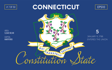 Vector poster background of the US state of Connecticut, with name, map borders, state flag design, nickname, order number and date of admission to the Union, capital, area. Illustration 7 of 50. 