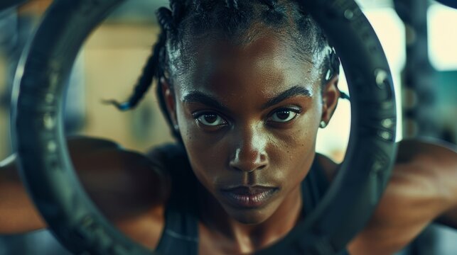Strong black woman training with rings; showcasing fitness and gymnastics skills during a workout session, emphasizing muscle and determination