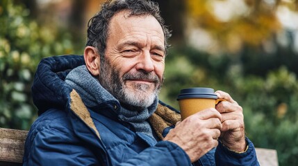 Middle-aged man with slight tremor holding cup of coffee on park bench, symbolizing struggle with Parkinson's disease, calm natural setting.