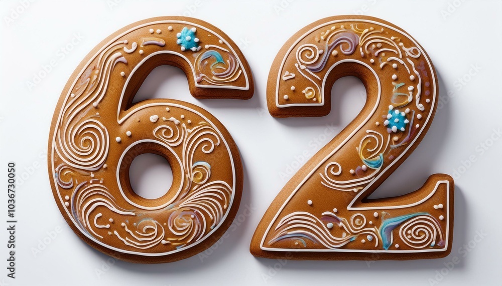 Wall mural decorated cookie, number 62, illustration for birthday or anniversary celebration