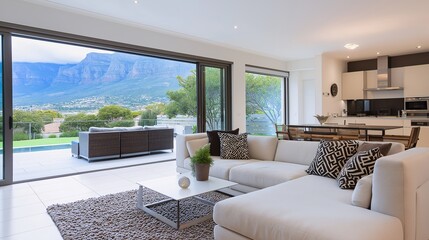 Fototapeta premium Modern Living Room with Scenic Mountain View