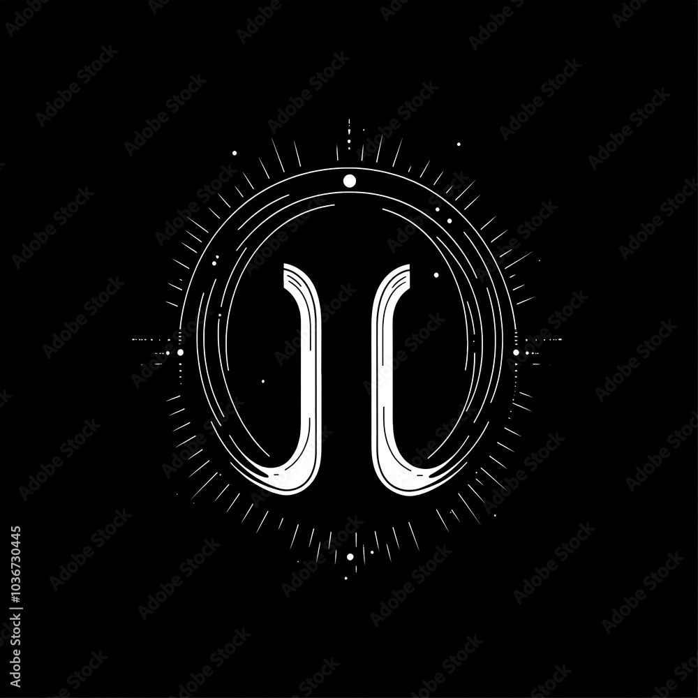 Aufkleber a white abstract geometric symbol with a circle and rays of light on a black background.