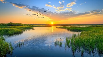 Fototapeta premium A serene lake with a sunset and birds flying over, in a grassy field.