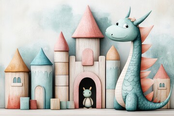 Colorful wooden blocks stacked into a towering castle. A plush dragon stands guard at the entrance. A playful scene in a child's room. For a children's book or playful design.