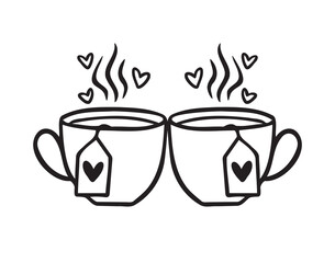 Romantic hand drawn doodle two cups of tea. Cute vector hand drawn illustration isolated. Valentine Day set with love elements.