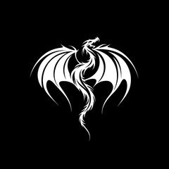 A white dragon with outstretched wings on a black background.