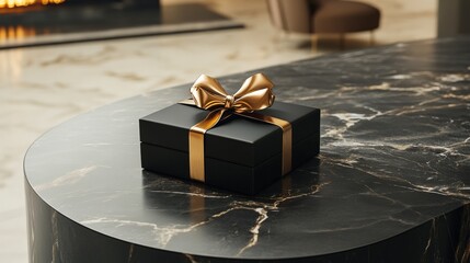 A black gift box with a radiant gold bow exudes sophistication on a sleek marble table