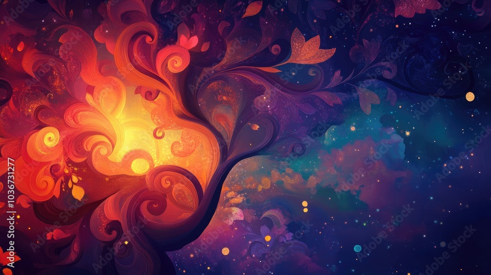 Poster a vibrant fairytale-inspired background with swirling, mystical patterns in bold, bright colors, cre