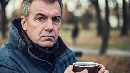 Middle-aged man with slight tremor holding cup of coffee on park bench, symbolizing struggle with Parkinson's disease, calm natural setting.