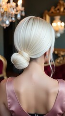 Fototapeta premium A chic low bun made of smooth platinum blonde hair, styled meticulously for a sleek, polished look. The woman's hair is complemented by a luxurious interior setting with chandeliers in the background