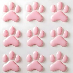 Obraz premium A playful arrangement of nine glossy pink paw prints on a soft white background, perfect for animal lovers or pet-themed designs.