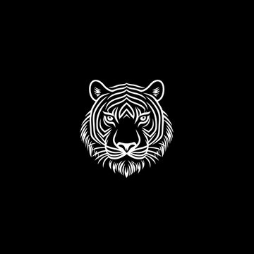 recommend clip art: A white line drawing of a tiger's face on a black background.