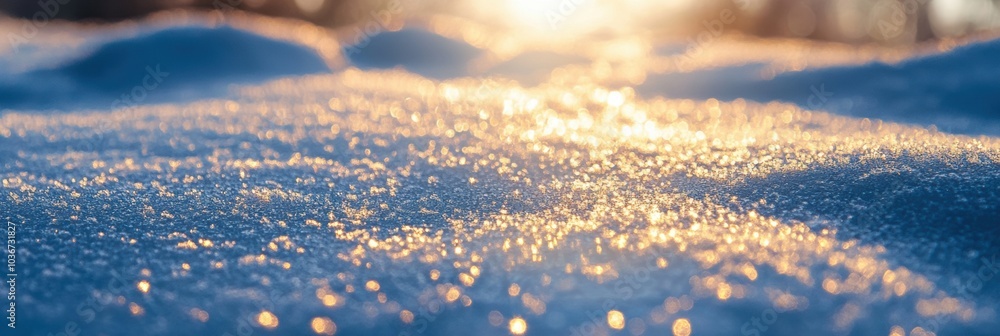 Poster soft snow blankets the ground, shimmering under the warm light of the rising sun, creating a tranqui