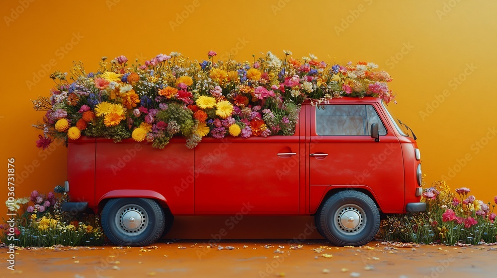 Poster vibrant red van overflowing with an array of colorful spring flowers set against a bright orange bac