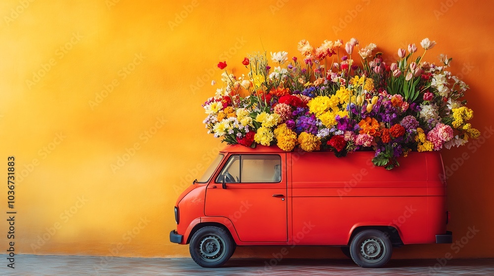 Poster vibrant red van overflowing with an array of colorful spring flowers set against a bright orange bac
