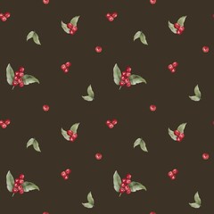 Fototapeta premium Winter red holly berries seamless pattern, red berry, green leaves, Christmas paper, New Year art
