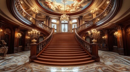 A breathtaking foyer featuring a grand staircase with a finely carved wooden banister