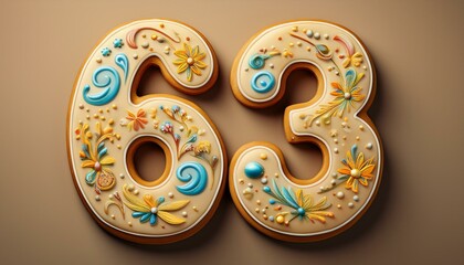 Obraz premium Decorated cookie, number 63, illustration for birthday or anniversary celebration