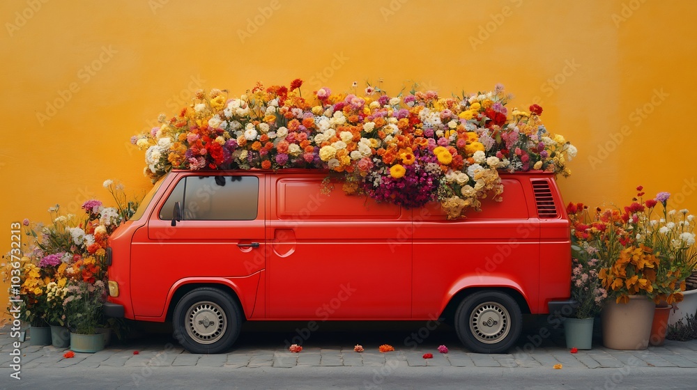 Poster vibrant red van overflowing with an array of colorful spring flowers set against a bright orange bac