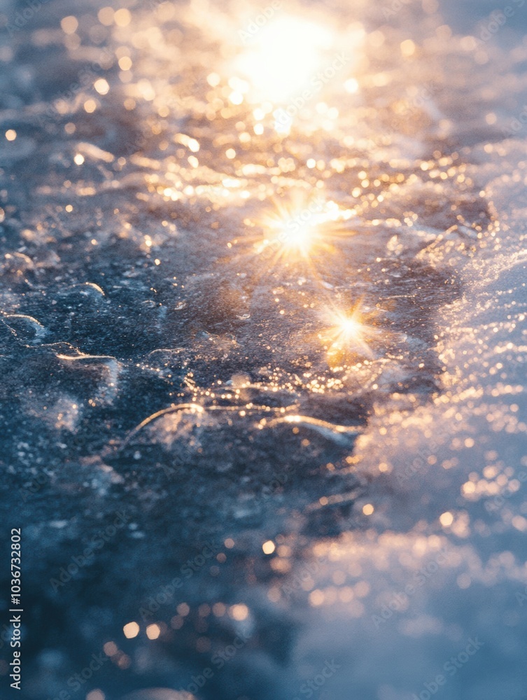 Poster sunlight sparkles on the surface of melting snow, creating enchanting textures during a peaceful win