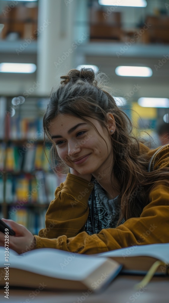 Poster student engaging in a conversation on a mobile device inside an educational setting, surrounded by b